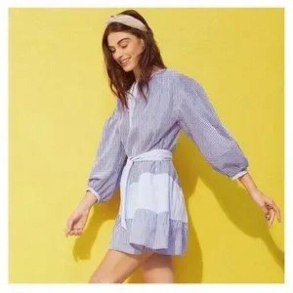 Parker Jenna Striped Ruffle Mini Dress Belted Tunic Coastal Medium Shirtdress - Picture 2 of 12